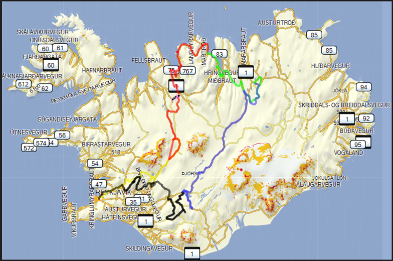 Dagur 1: gulur, dagur 2: rauður, dagur 3: grænn, dagur 4: blár, dagur 5: svartur ferill